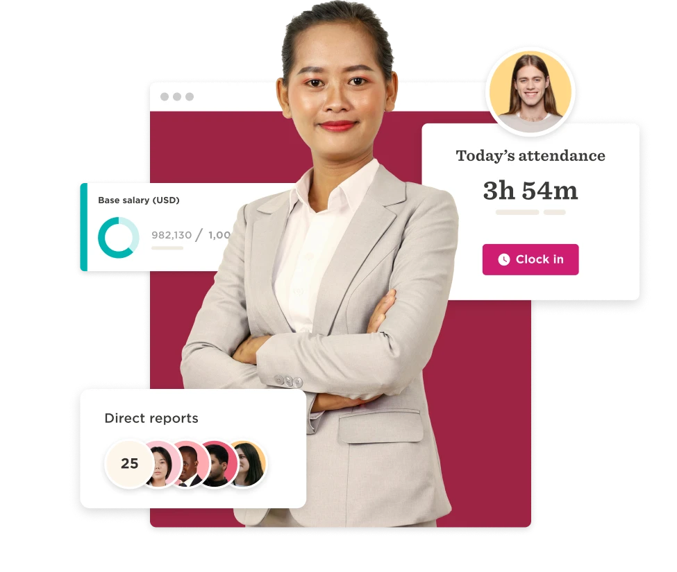 professional woman in suit , salary info and attendance dashboard with direct reports statistics